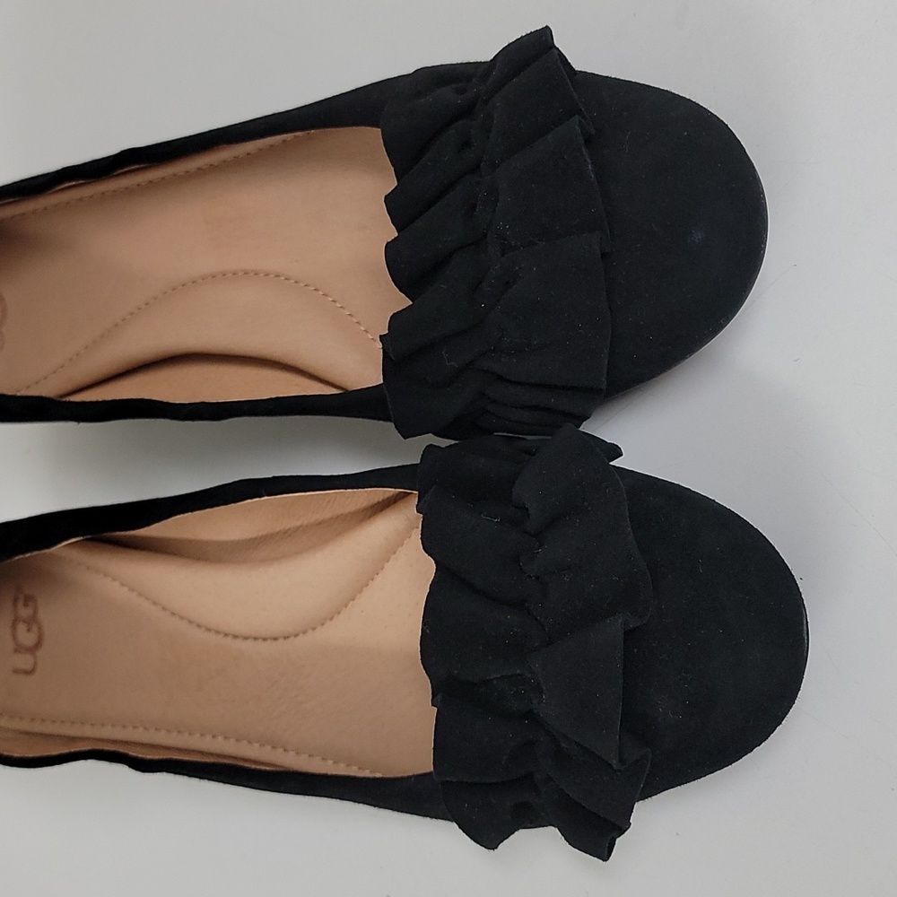 UGG Australia BLACK SUEDE FIFI RUFFLE BLOCK HEELS SHOES WOMEN'S 1092281 - Picture 2 of 9